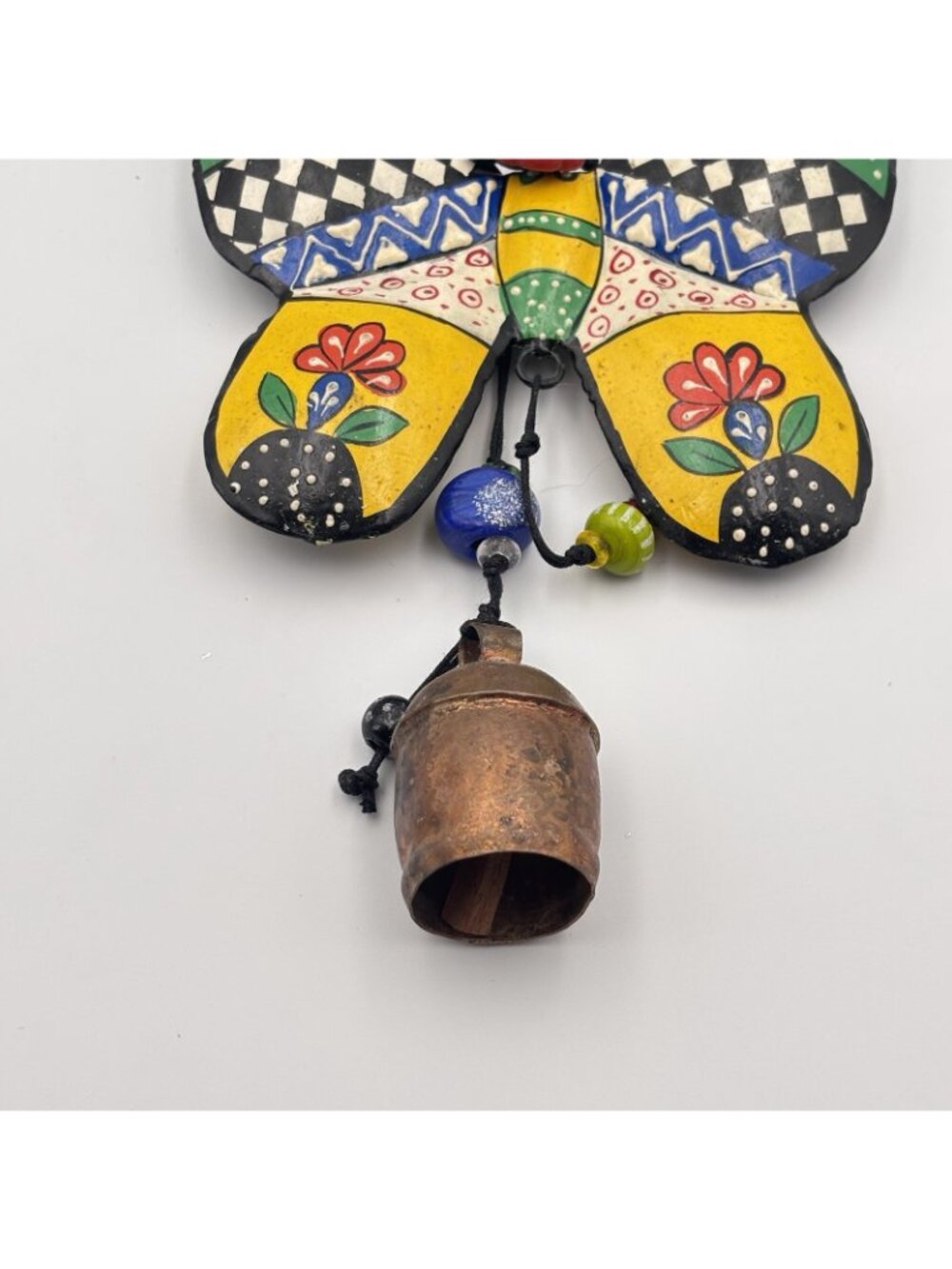 Handmade Painted Floral Butterfly Wind chime iron 21 inches long glass beads - Picture 5 of 16